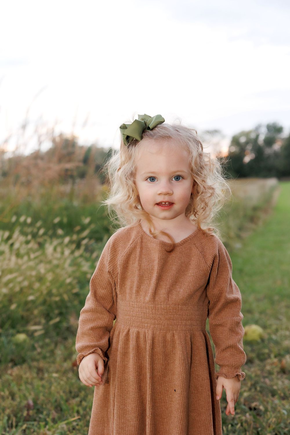 Young child in brown dress with curly hair and hair bow stands in grassy field.