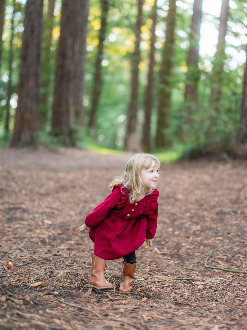 Adorable blonde toddler in a red dress and brown boots walking along a redwood forest path.