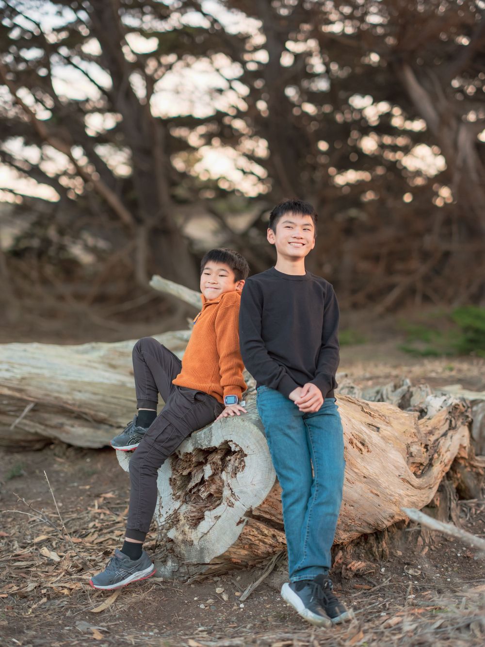 Two Asian brothers smiling while sitting on a driftwood log in a coastal forest setting.