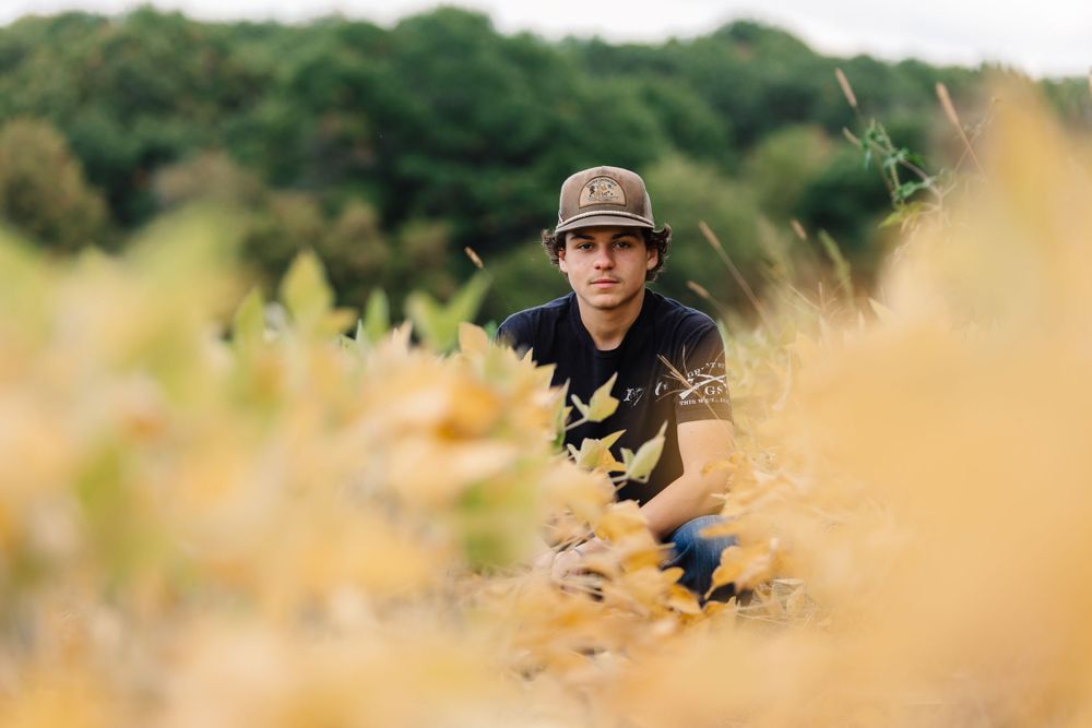 Someone crouches in tall golden grass with trees visible in the background.