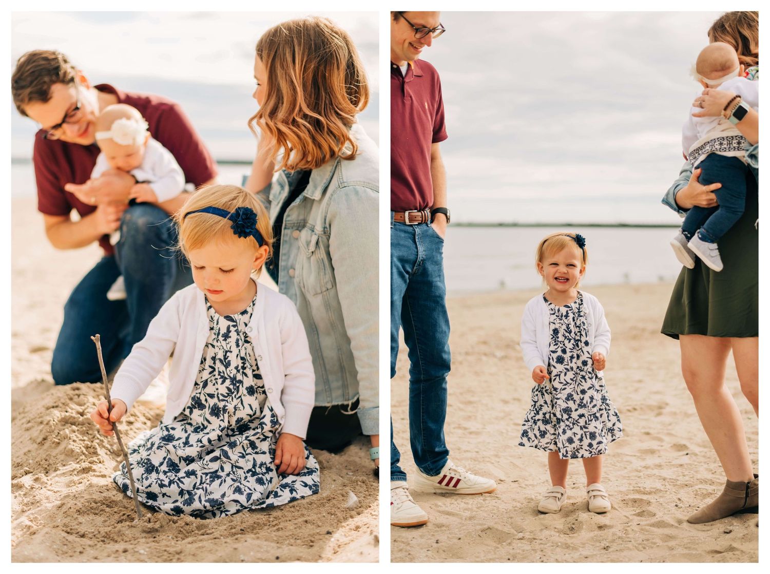 little girl in a blue and white dress playing in the sand at the beach