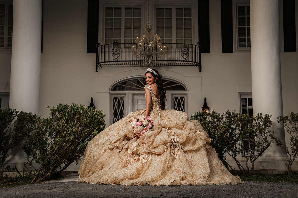 A dramatic architectural portrait featuring a champagne ballgown against white columns and dark shutters.