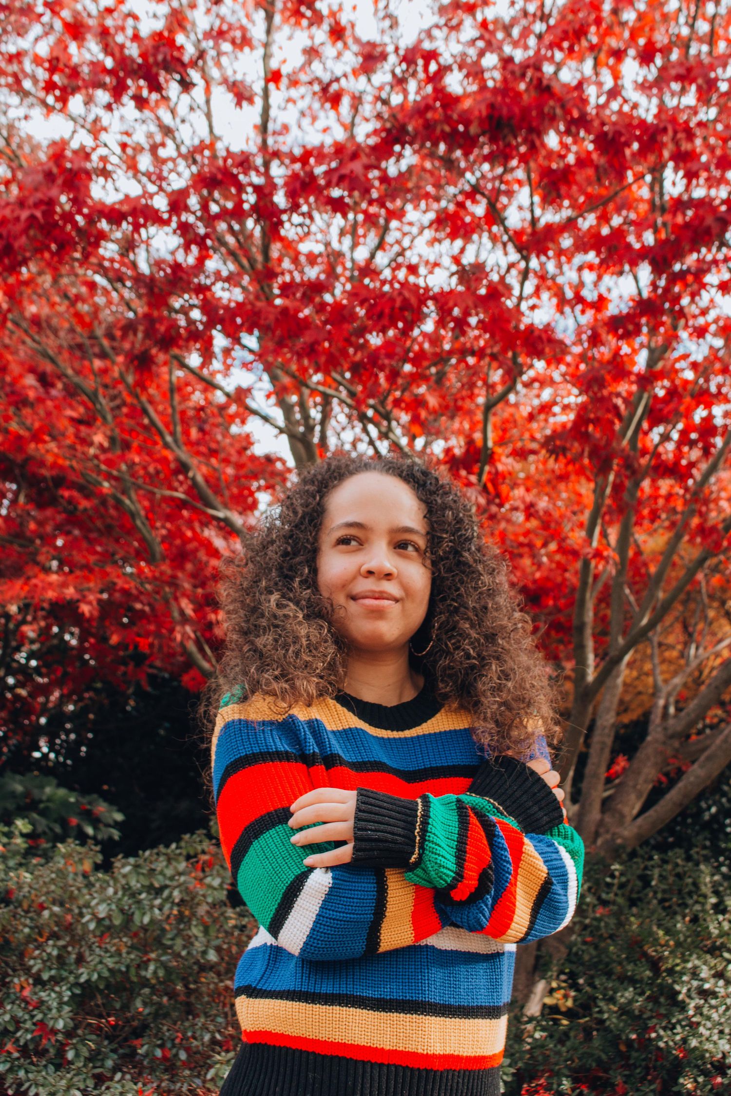 Portrait of person in colorful striped sweater against vibrant red autumn foliage.