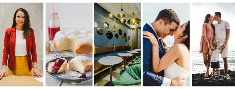 A collection of business and lifestyle stock photos showing people working and interacting in various settings.