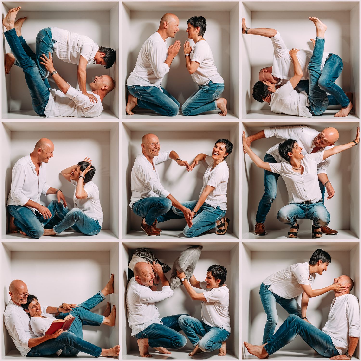 Pärchen in einer weißen Kiste im Quadrat mit 9 Feldern als Collage zusammengestellt