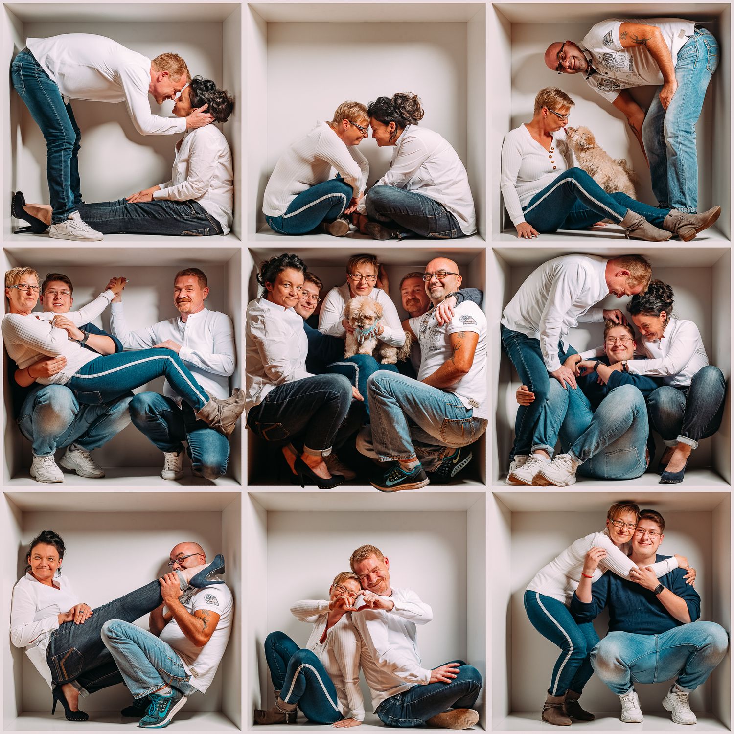Famile in einer weißen Kiste im Quadrat mit 9 Feldern als Collage zusammengestellt