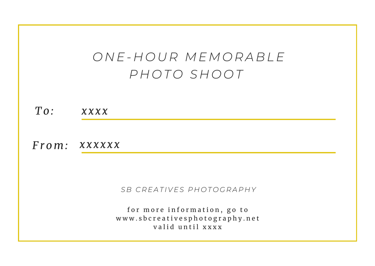 A minimalist photo shoot gift certificate with gold border and blank name fields.