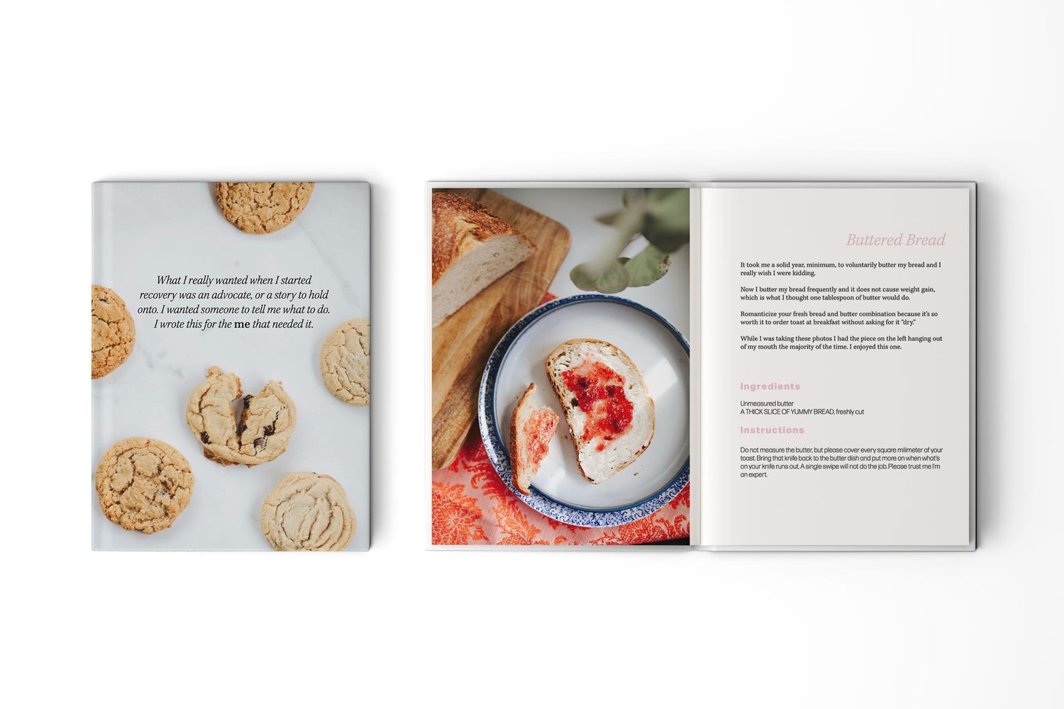 Three cookbook pages showing cookies and a bowl of soup arranged in flat lay composition.