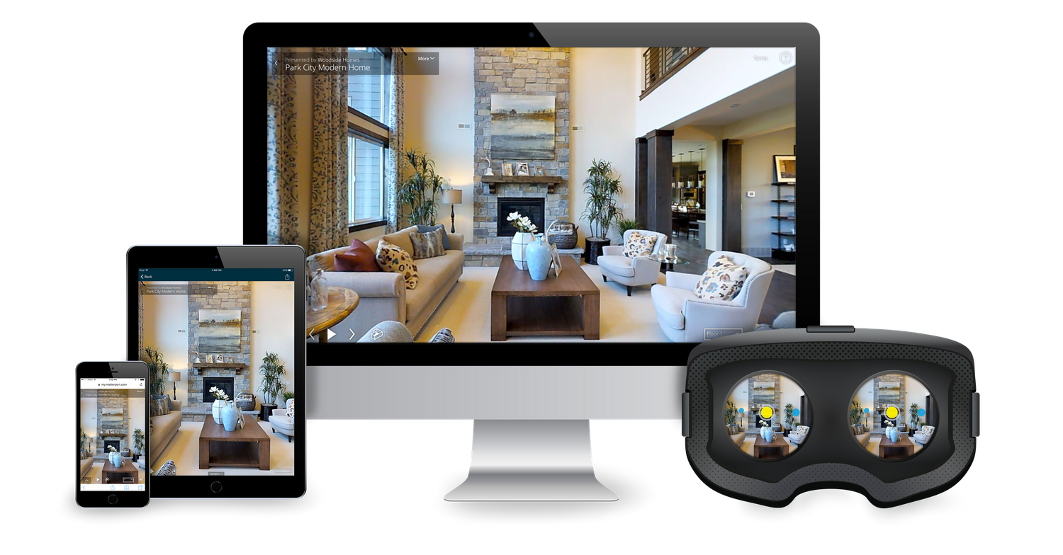 Matterport 3D virtual tour of a real estate listing shown on an iPhone, iPad, Mac, and VR goggles.
