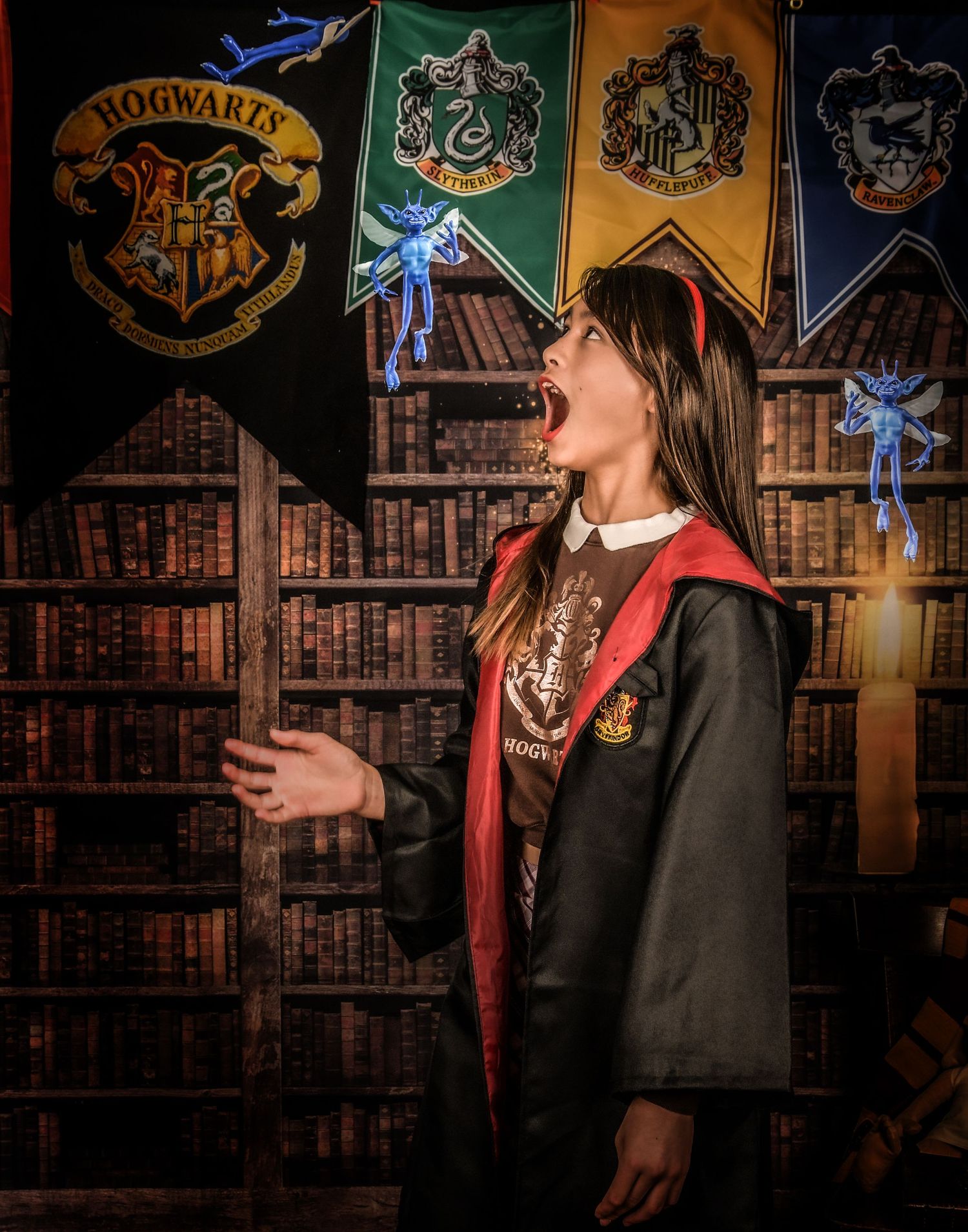 A dramatic magical portrait against Hogwarts house banners in a library setting.