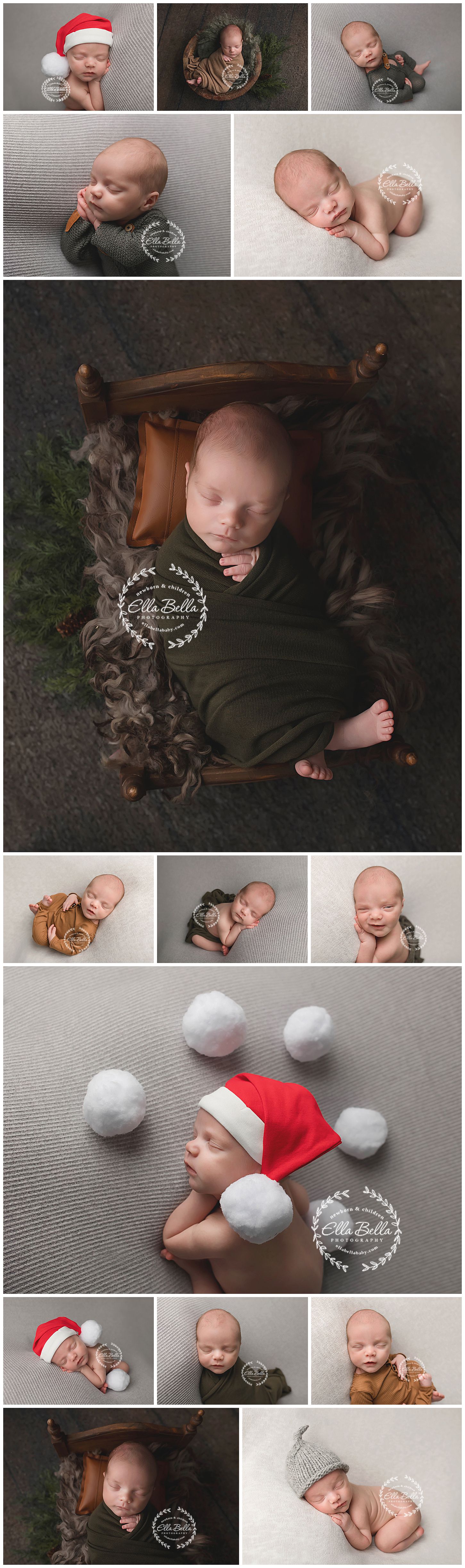 Collection of artistic newborn photos featuring Christmas props and various poses on neutral backgrounds.