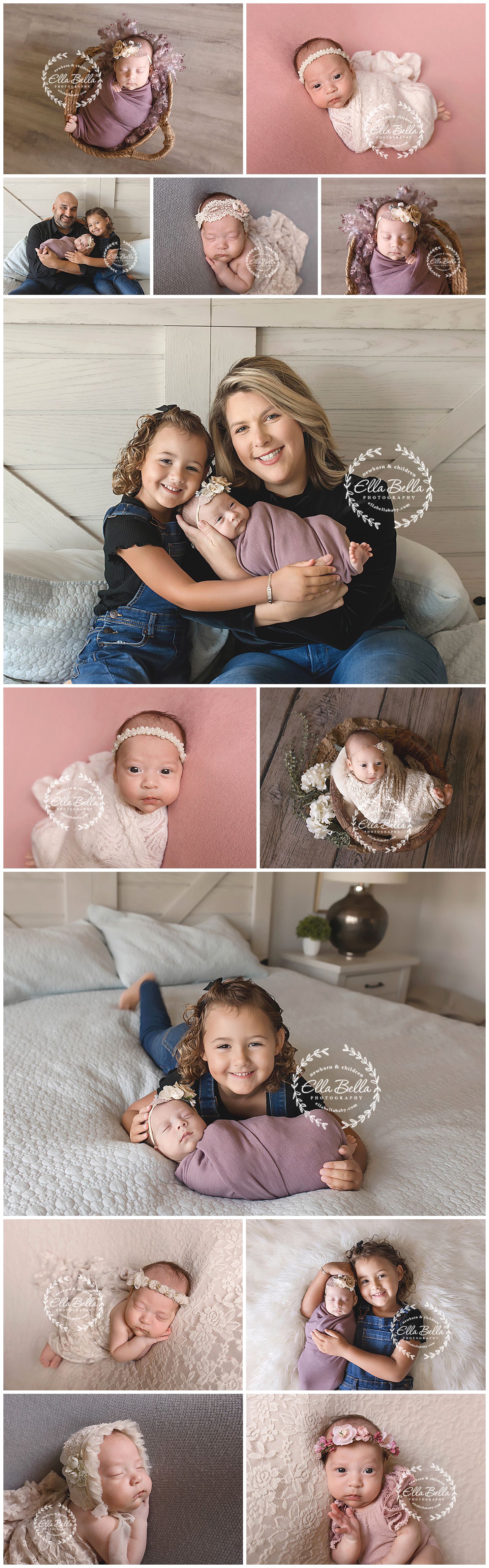 Collection of studio portraits featuring family photos and newborn photography with pink and neutral tones.