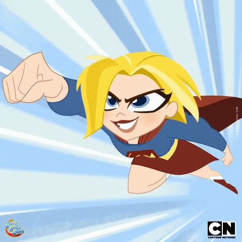 An animated superhero character with blonde hair flying through the air with determination.