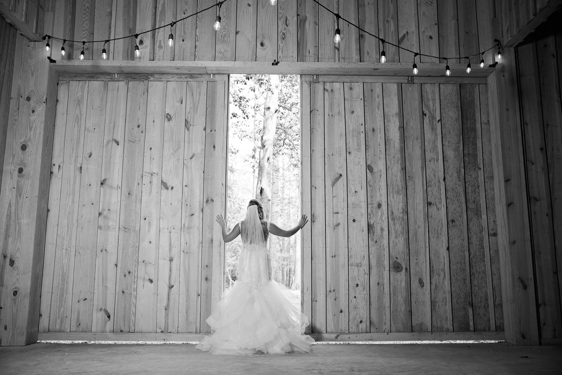 Bridal Portraits in Barn The Powell Home and Barn Comeback Farms Twinkle Lights