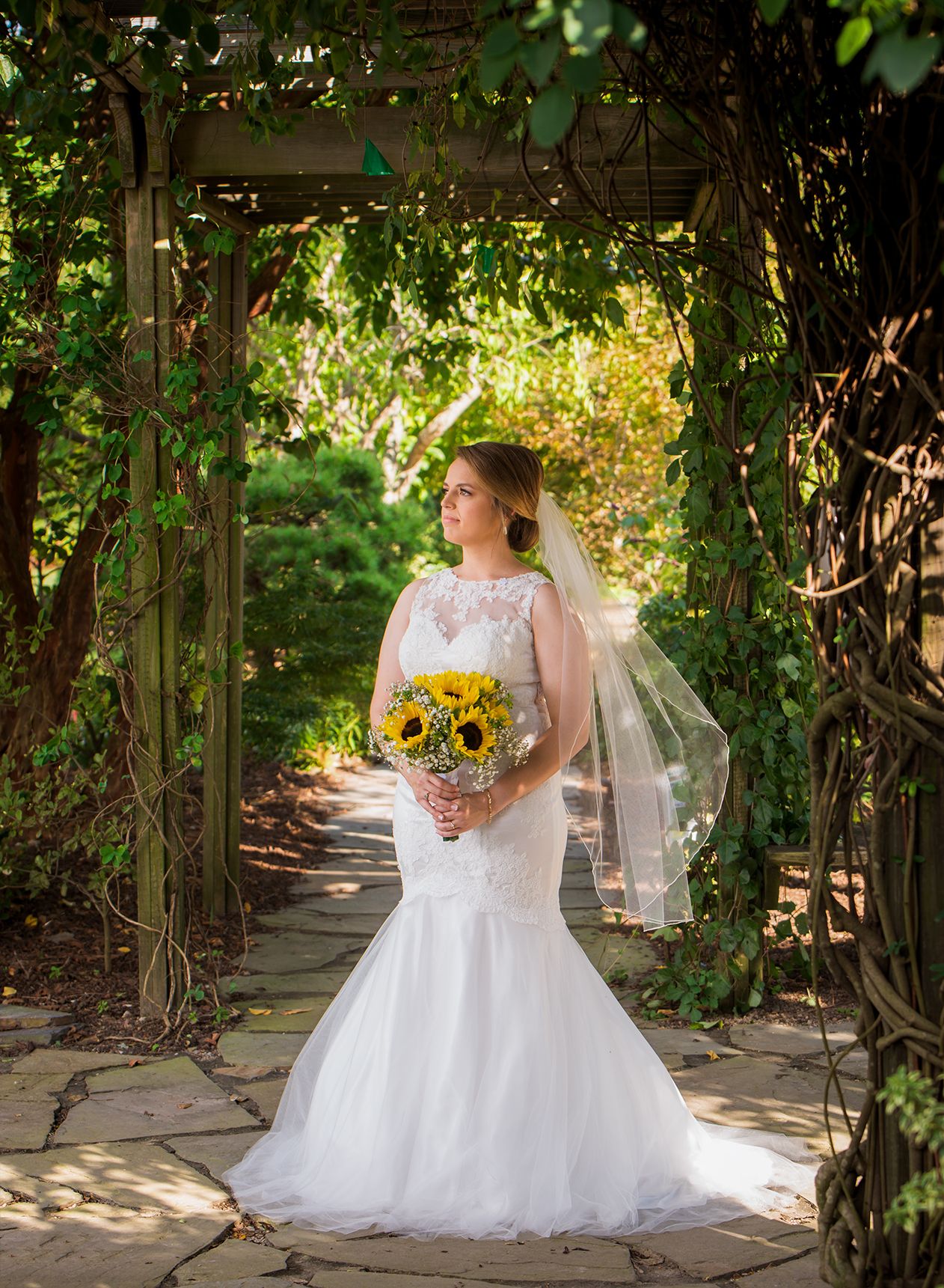 JC Raulston Raleigh Bridal Portrait Sunflower Bouquet