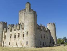 Medieval white stone castle with cylindrical towers and crenellated walls in the Loire Valley of France.