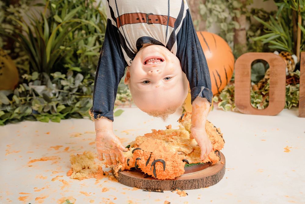 Cake smash boy jungle upside down fun