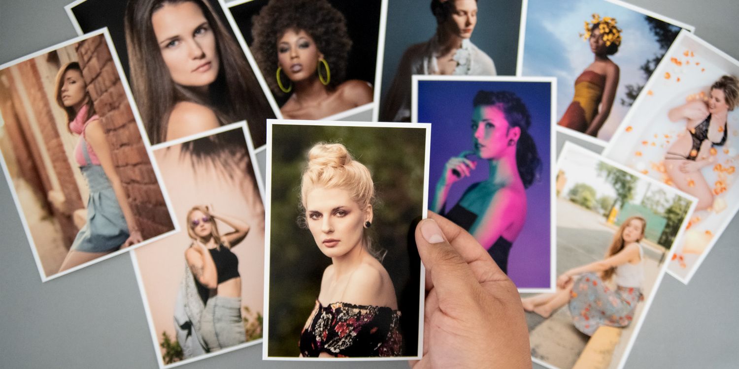 Collage of professional model headshots and portrait photos spread out on gray background.