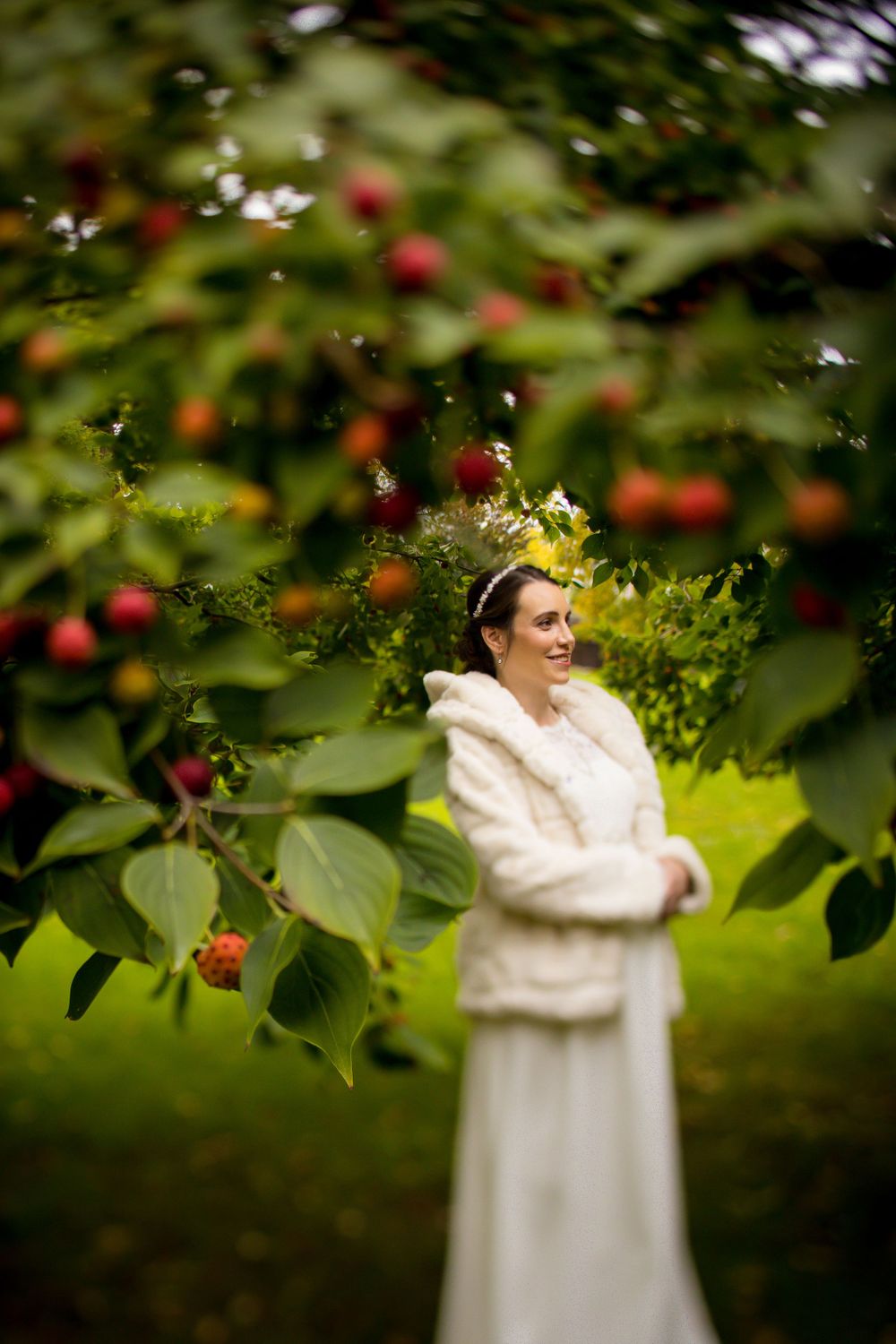 A winter bride in white fur stands among red berries and green foliage.