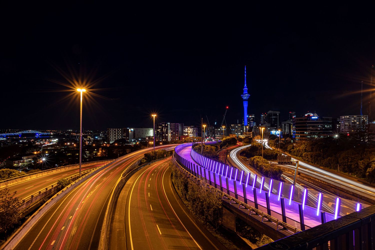 Night view of Auckland with car light trails and the Sky Tower glowing behind a purple-lit bridge.