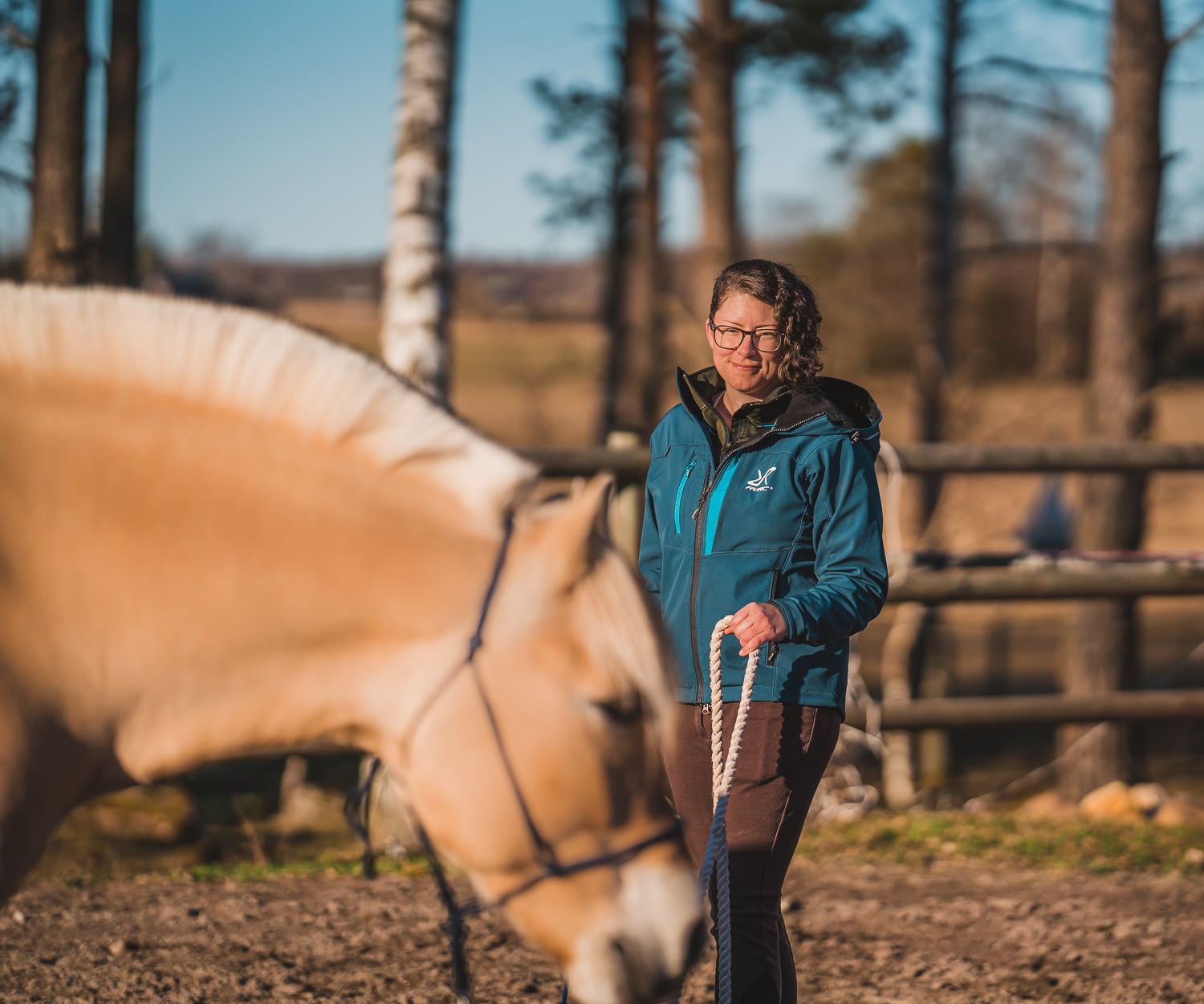 Fotograf Maria Karlsson longerar sin häst i paddocken i soljjuset i repgrimma