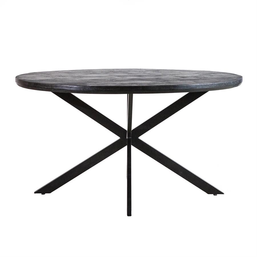 Zwarte mangohouten tafel met metalen kruispoten