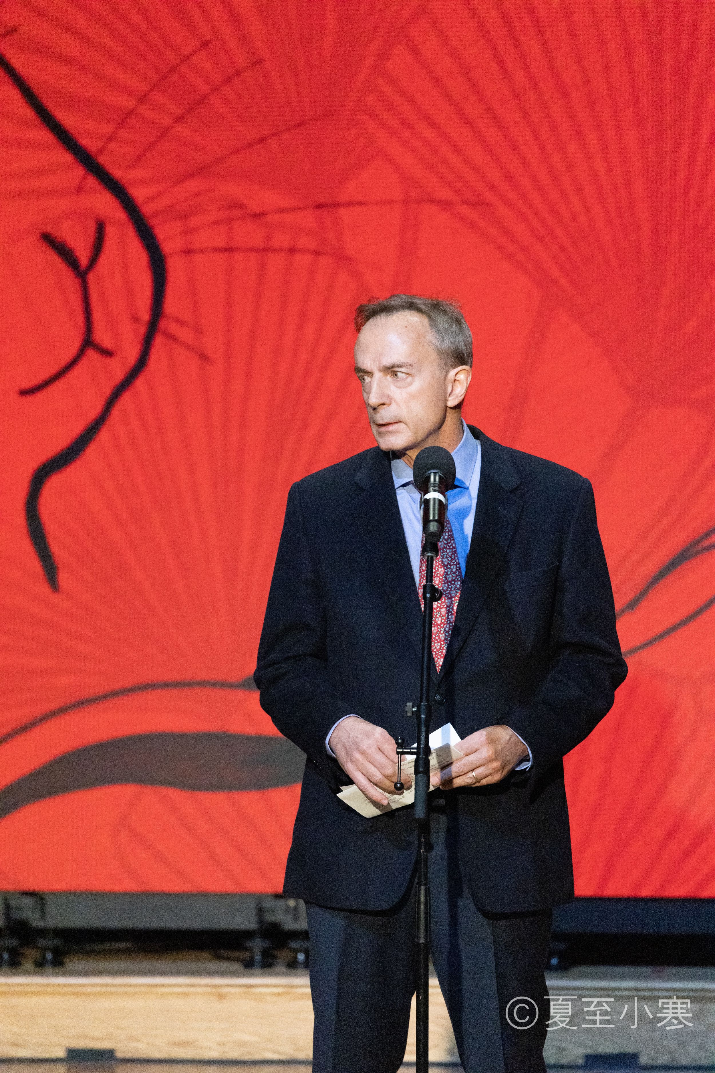 Speaker at podium against red backdrop with Chinese calligraphy during Spring Festival event.
