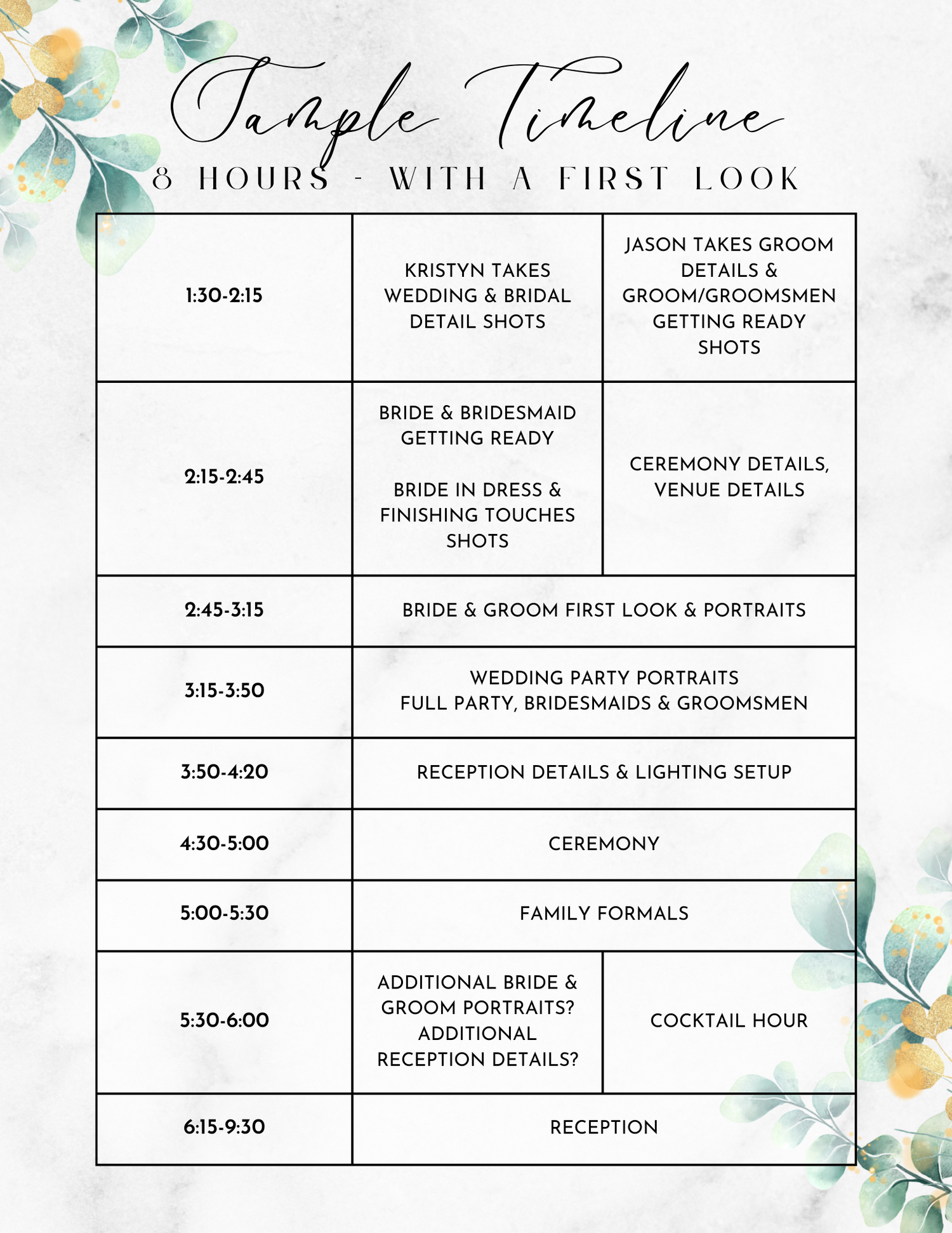 Wedding photography timeline template featuring eucalyptus leaves and organized schedule blocks.