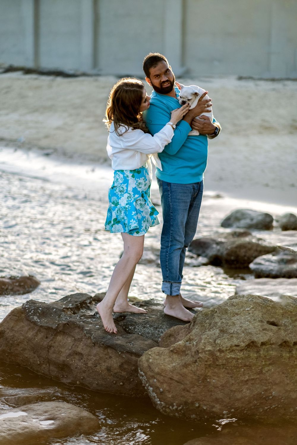Balmoral Beach couple photoshoot with puppy