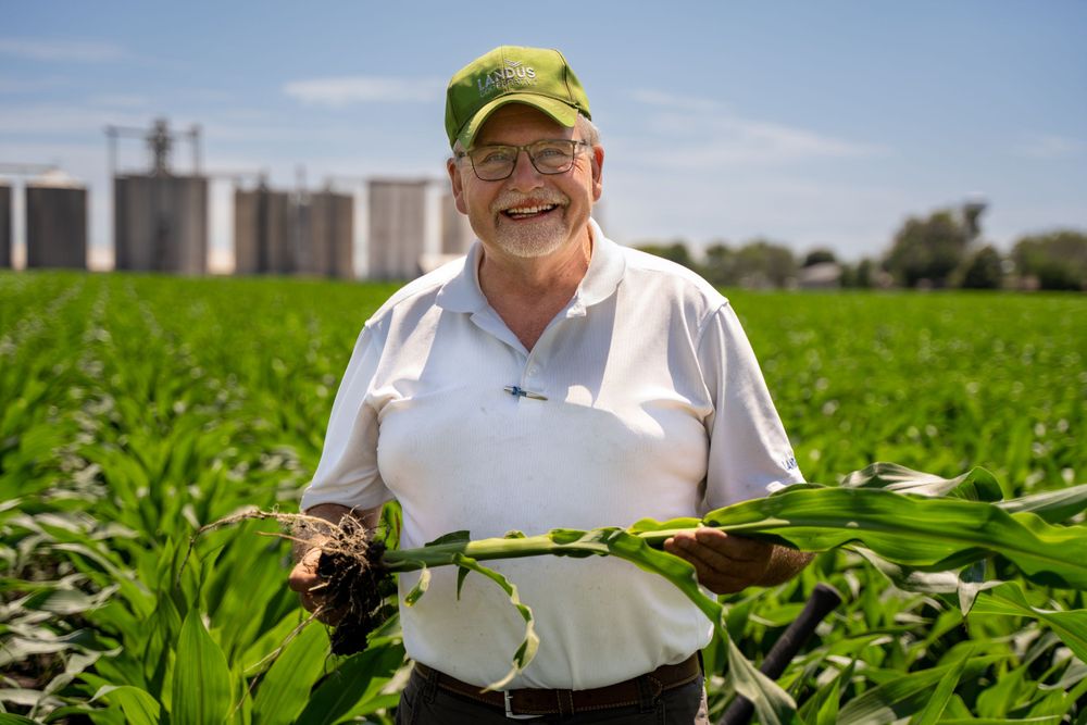 Landus agronomist Dave displays corn plant near Farnhamville, Iowa.