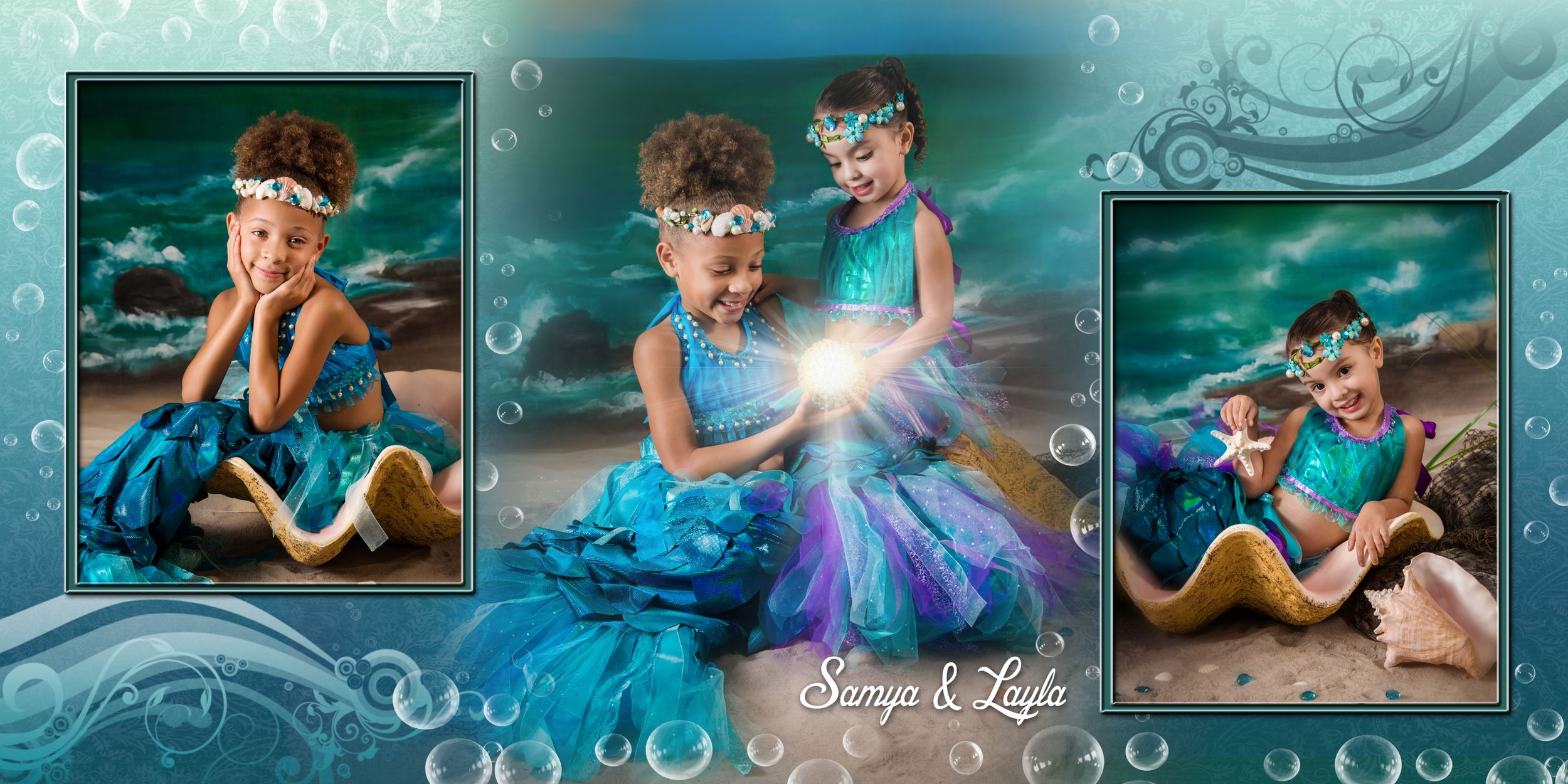 Aqua-toned photo collage with decorative frames and seaside elements.
