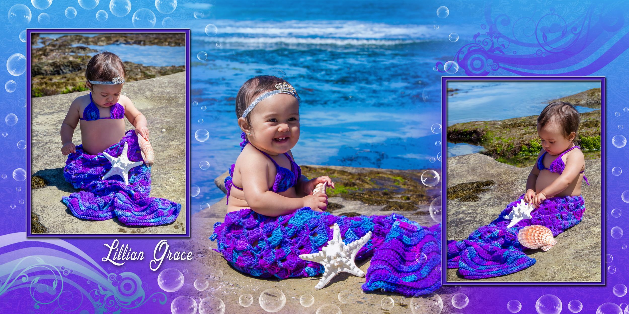 Dreamy beach portrait series with flowing purple tulle dress against ocean waves.