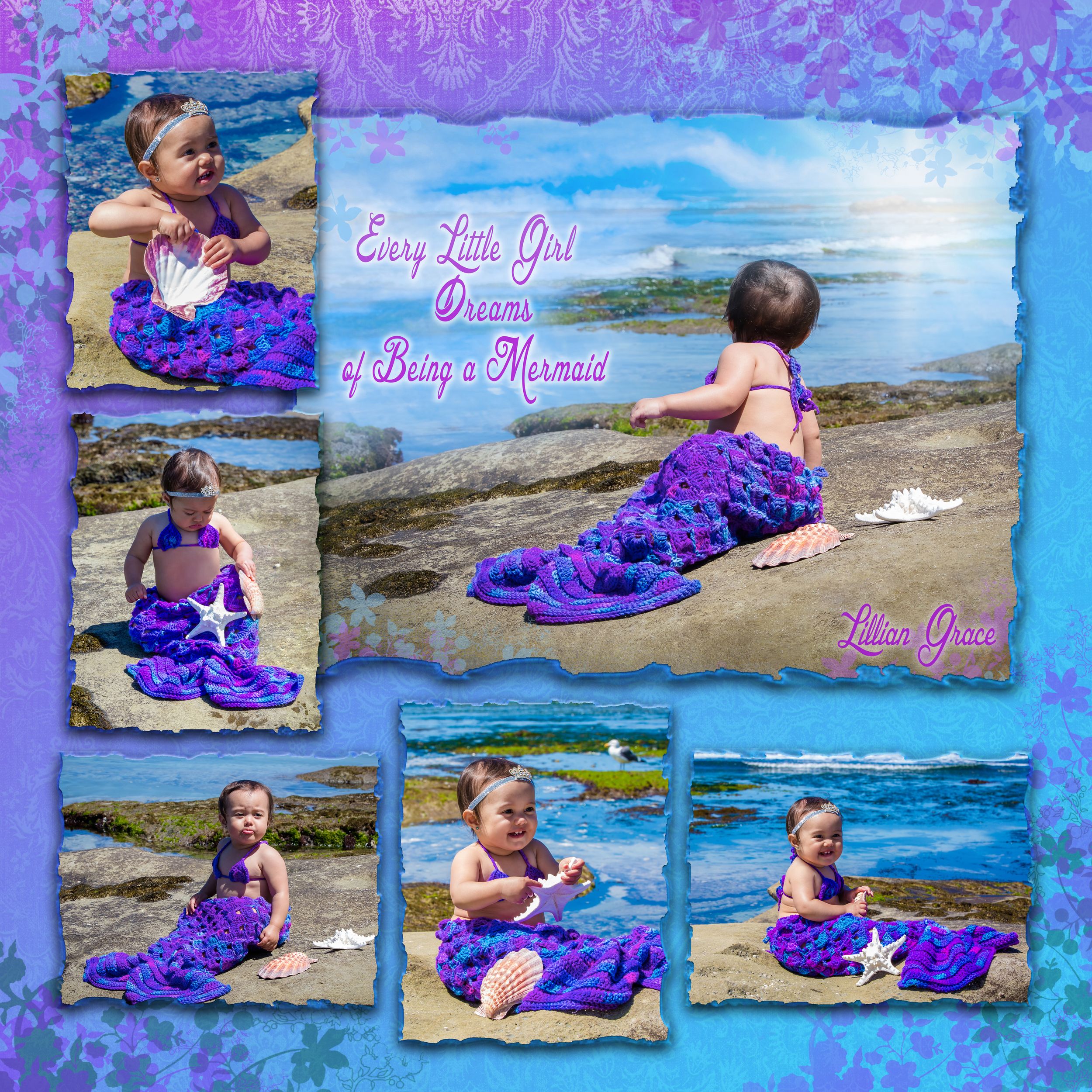 Magical seaside photography session with purple and blue tones on rocky coastal terrain.