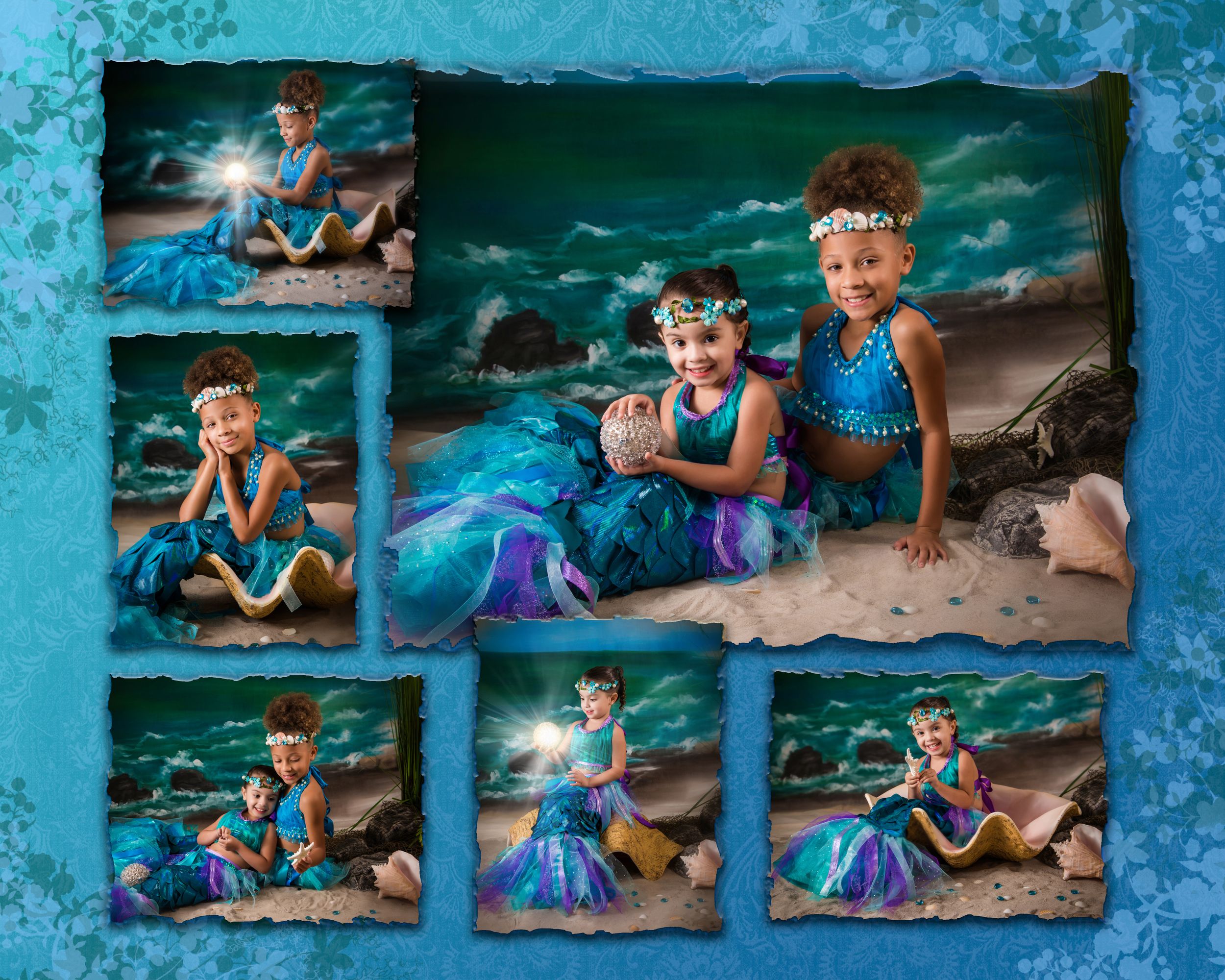 Fantasy-themed beach photoshoot featuring vibrant blue and teal colors against a dramatic ocean backdrop.
