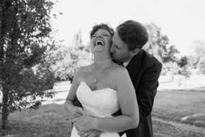 Candid wedding moments showing joy and laughter outdoors.