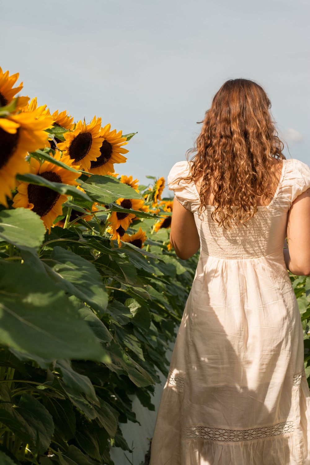 Girl runs through a sunflower field in a cream linen dress