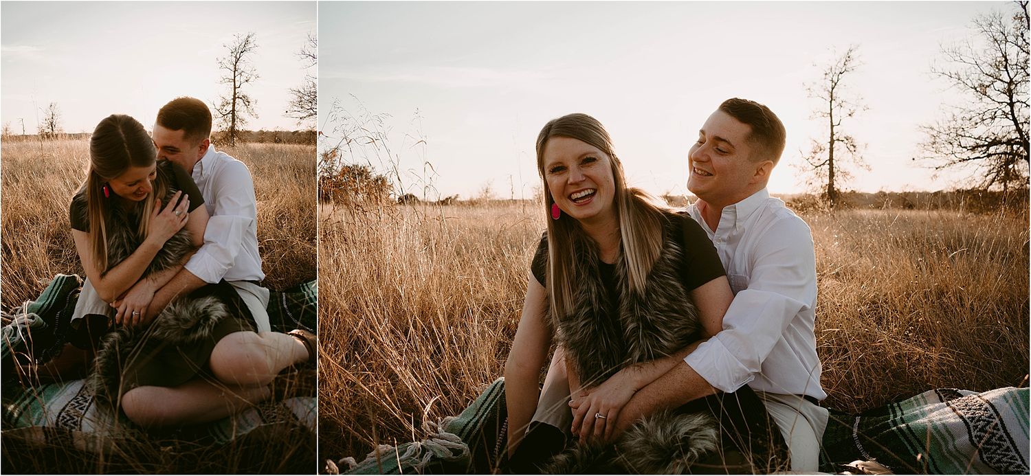 Candid moments of couple sitting together in field at golden hour.