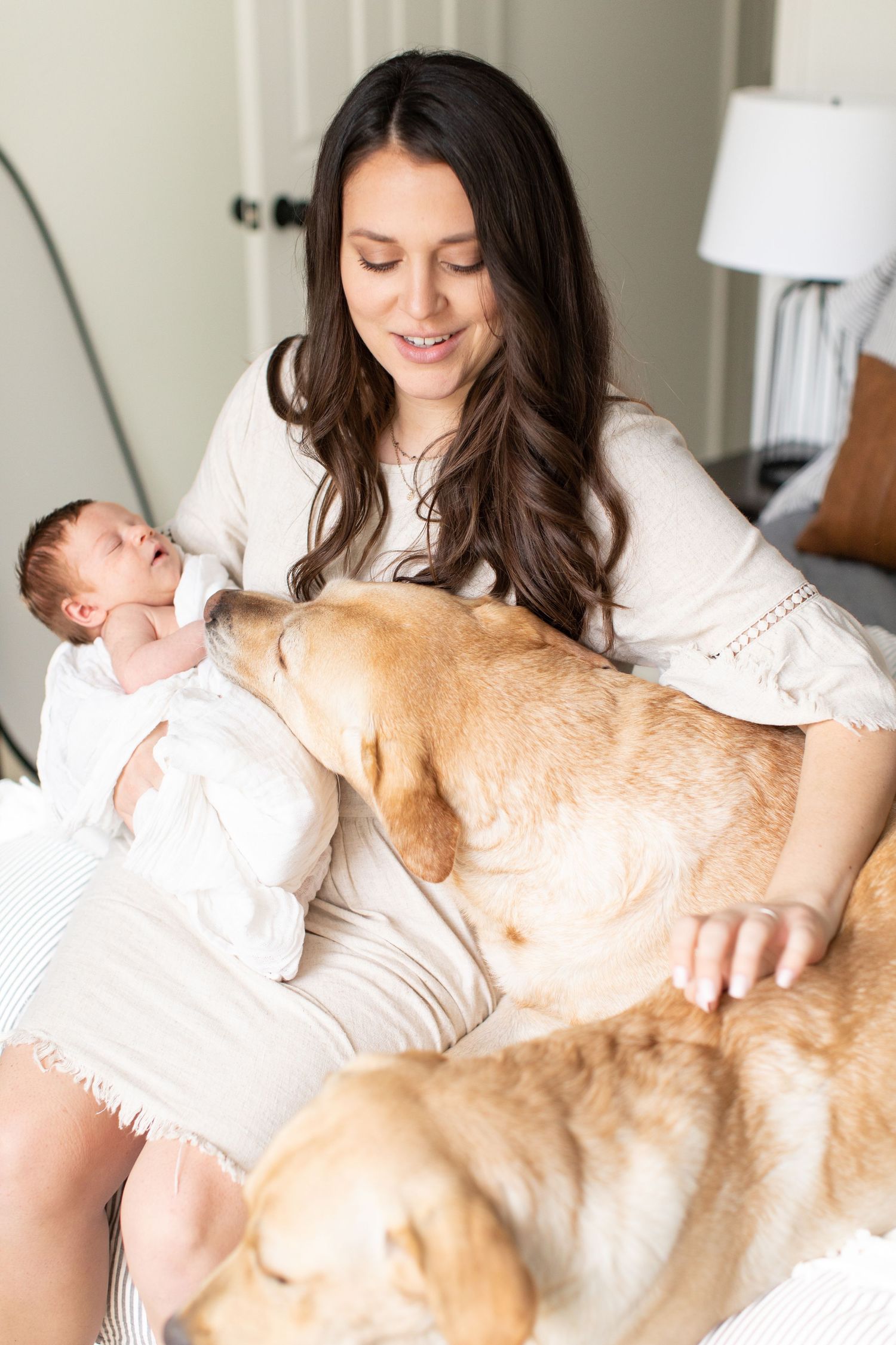 Family moment with golden retriever and newborn in bright nursery setting.