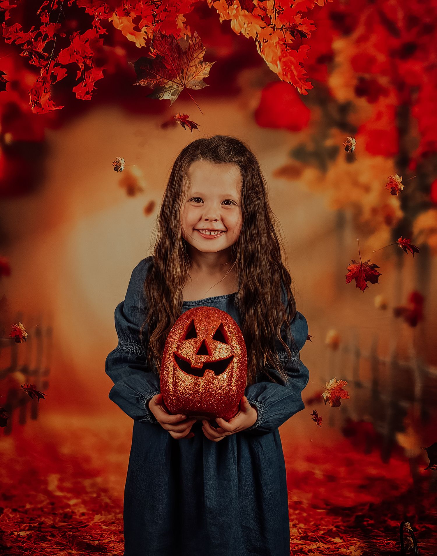 Fall themed portrait with glowing jack-o-lantern and vibrant red maple leaves in magical setting.