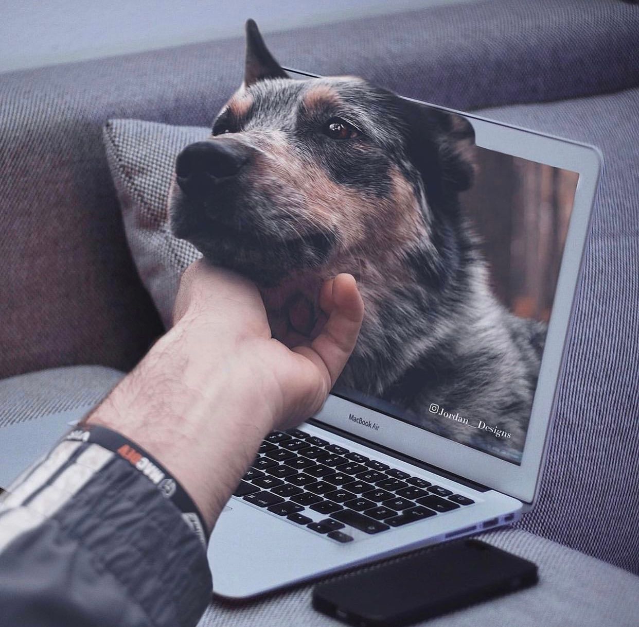 Dog resting head on laptop keyboard while someone works.