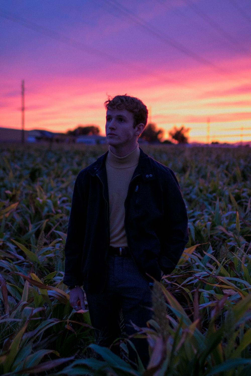 Person in casual attire poses in cornfield against dramatic purple sunset sky.