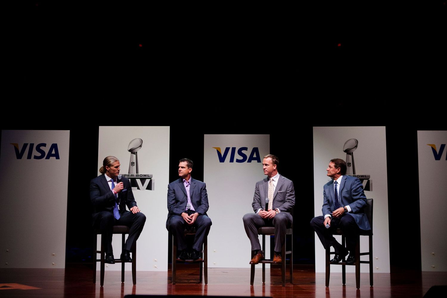Super Bowl in Indianapolis with Visa. Peyton Manning, Jim Harbaugh, and Clay Matthews at the Palladium in Carmel