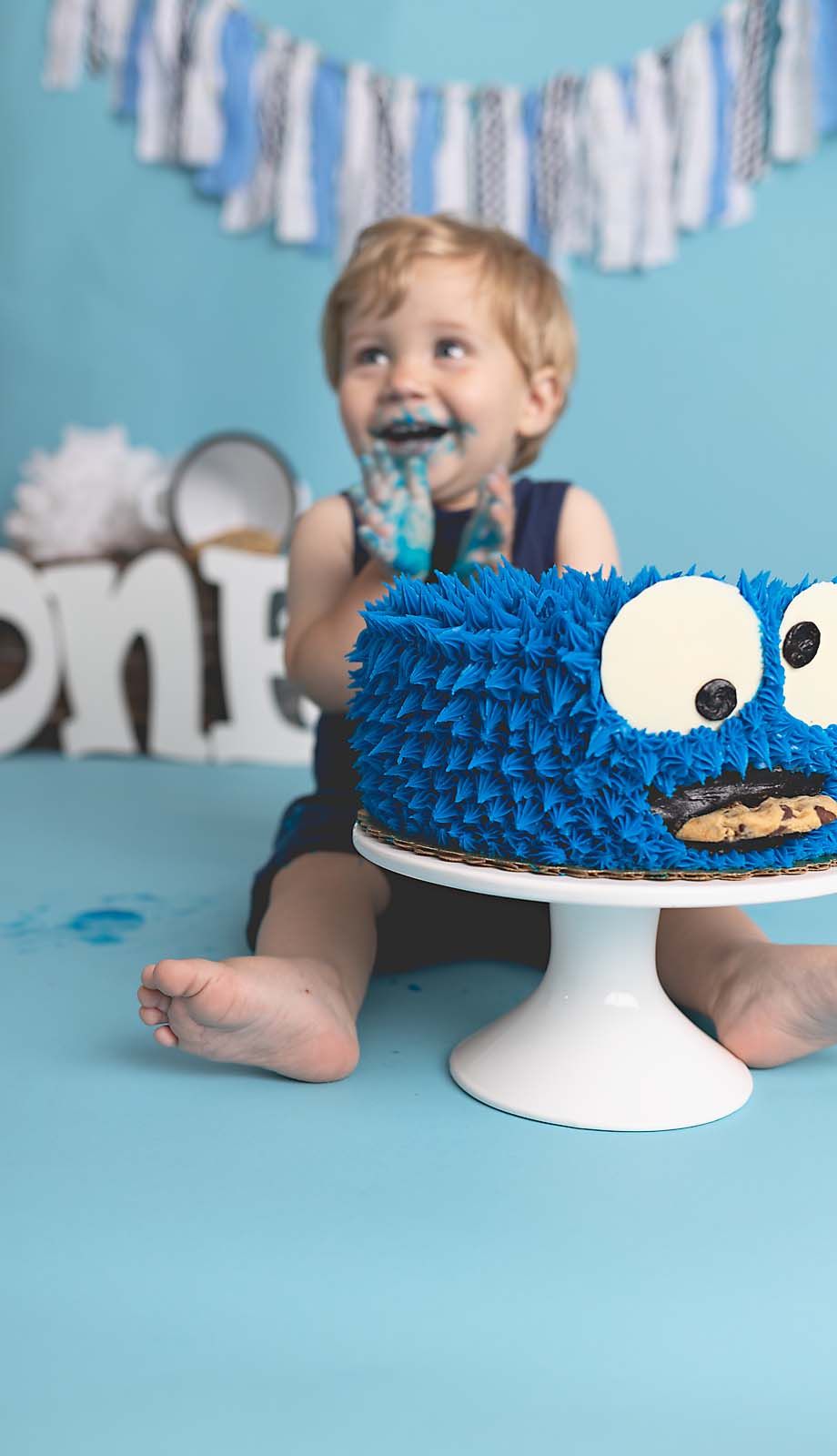 Cakesmash photoshoot of a cookie monster cake and little boy eating cake in hartland wisconsin photography studio