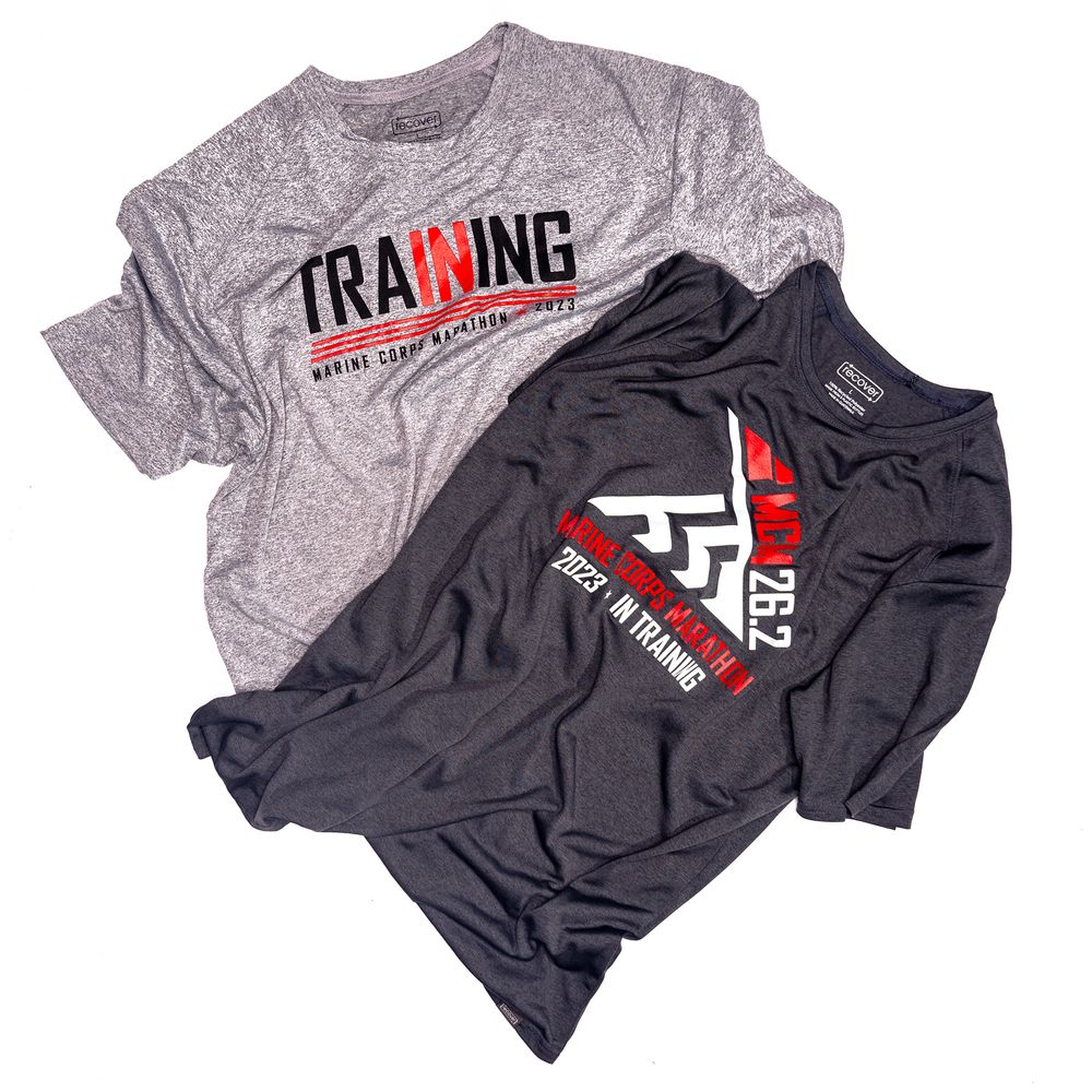 Two athletic t-shirts displaying 'Training' text design in gray and black colors.