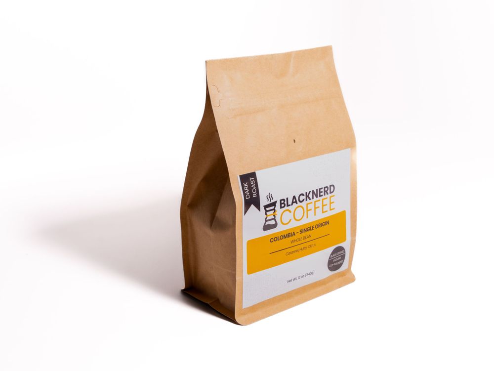 Kraft paper coffee bag with Blackbird Roasting Co branding.