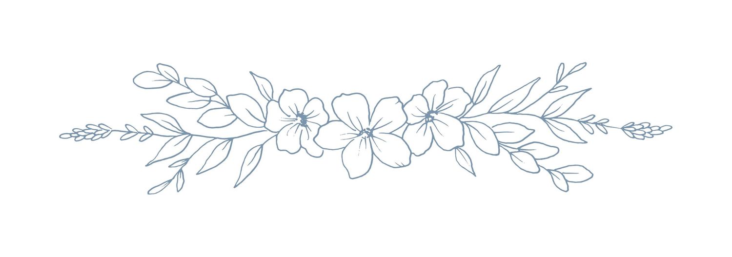 A delicate blue floral design with leaves and branches forming a horizontal decorative element.