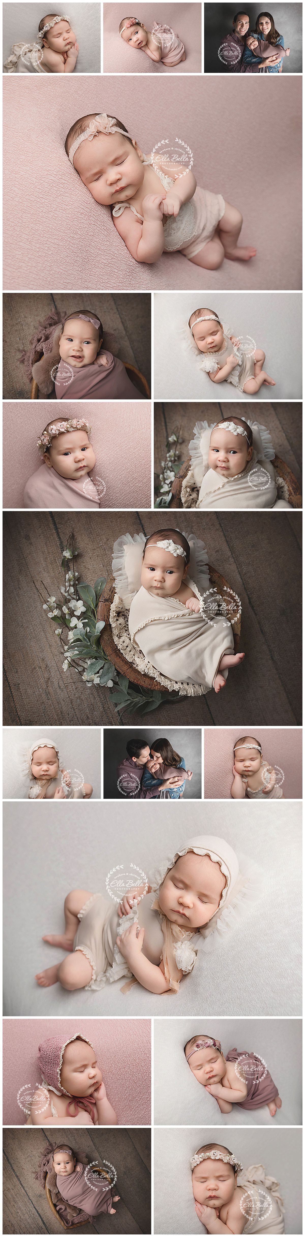 Artistic newborn photo collection featuring soft fabric wraps and floral accessories in neutral tones.