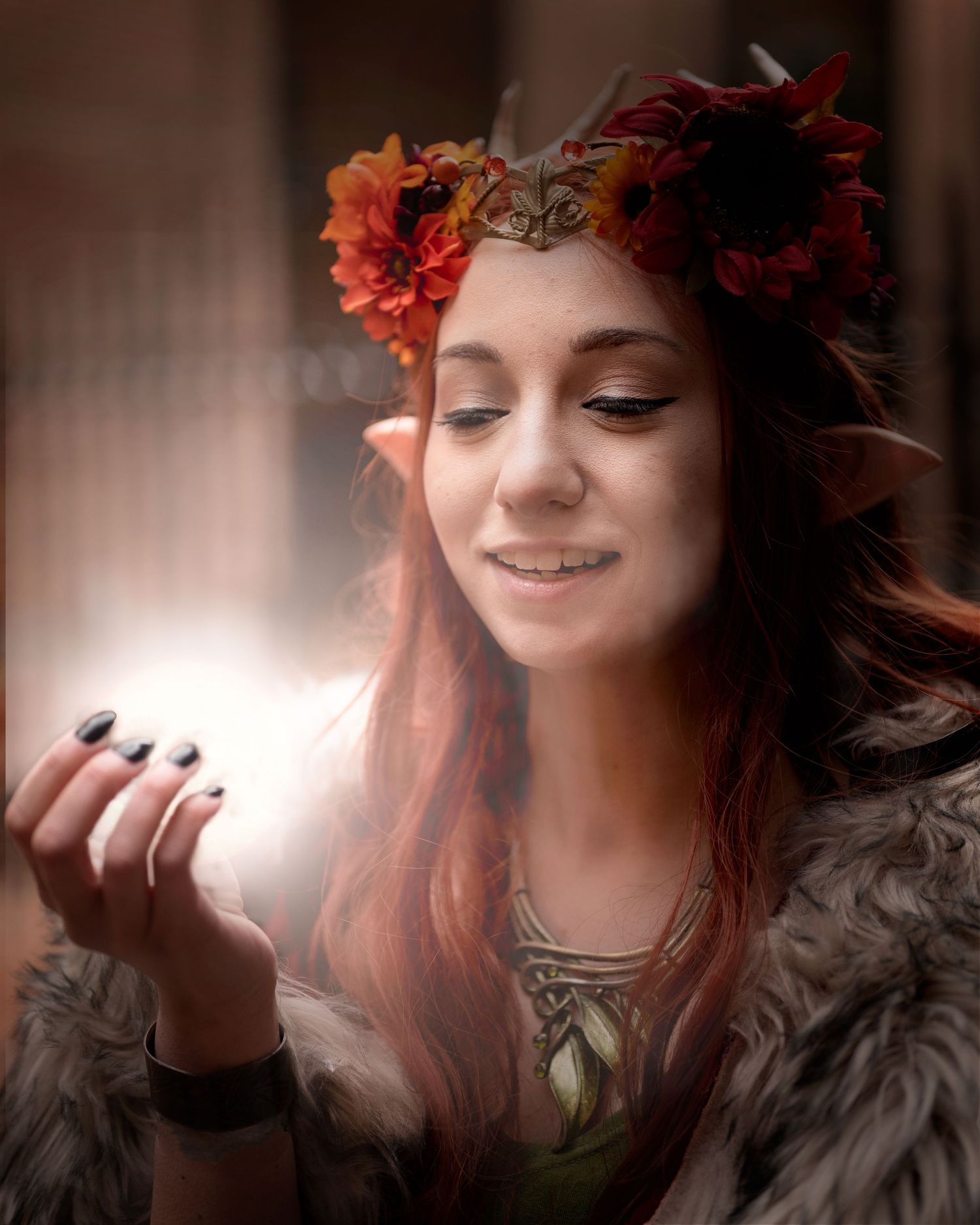 Fantasy-themed cosplay with flower crown and magical glowing light effect.
