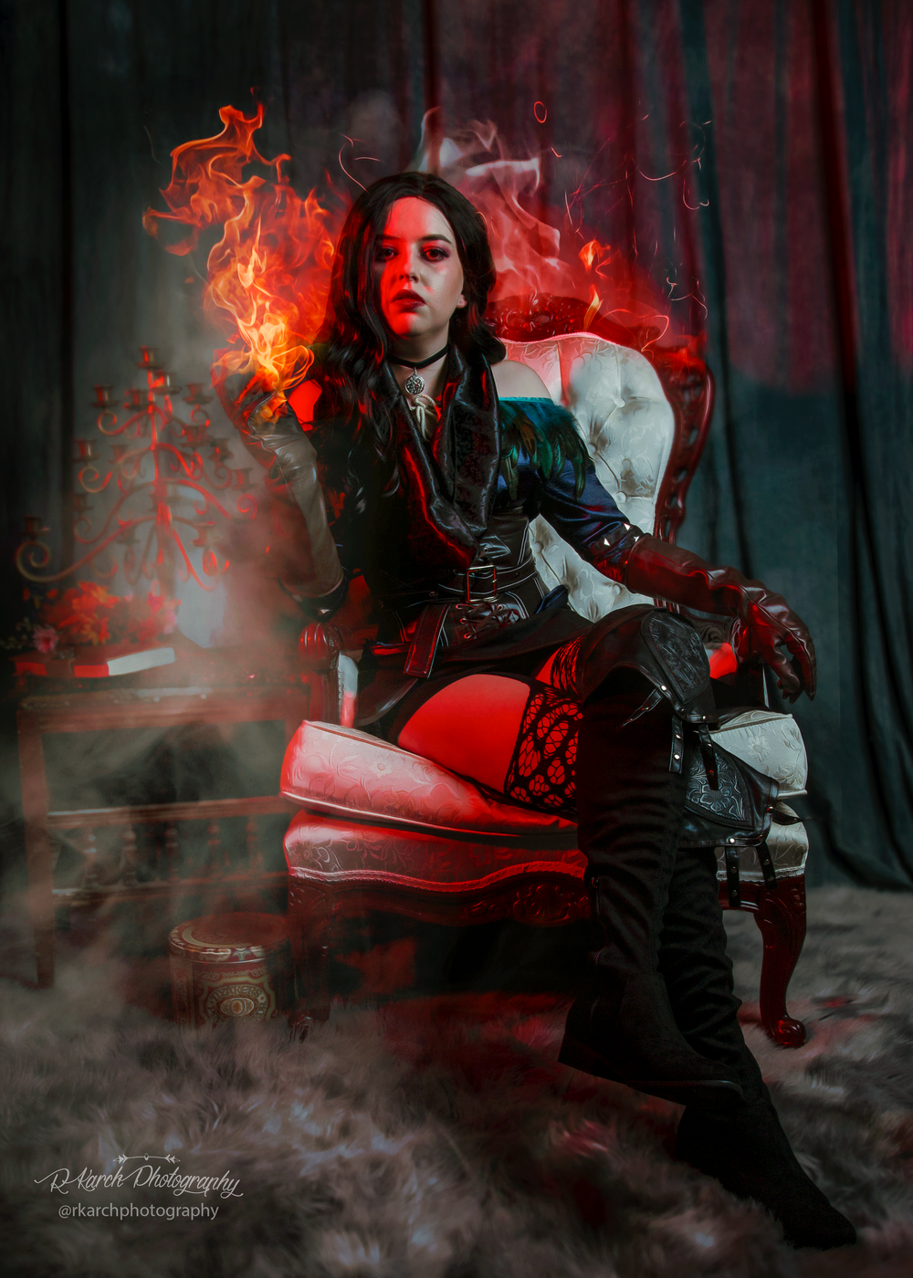 Fantasy portrait in dark setting with red smoke effects and ornate throne.