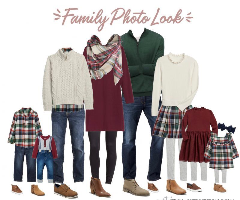 Coordinated family outfit layout featuring cozy winter sweaters, plaid shirts, and jeans in burgundy and green tones.